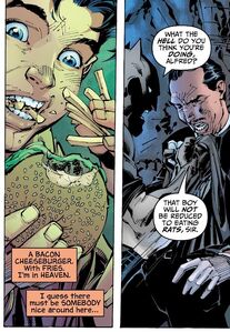 Batman aggressively scolds Alfred for giving Dick food without his permission.