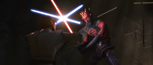 Darth Maul resumes his duel with Kenobi.