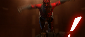 Maul leaping towards Kenobi and Ventress.