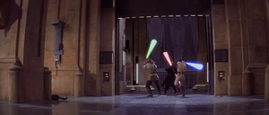 Jinn and Kenobi fought Maul in the hangar, with the Sith Lord dominating the duel, though Maul did give ground in order to lead the Jedi out of the hangar