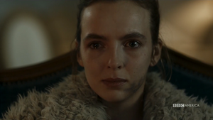 Villanelle getting emotional after hearing Konstantin saying he loved her.