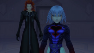 Axel and Repliku confronting Zexion.