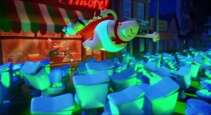 Captain Underpants flying past the Talking Toilets.
