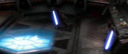 Vader recovers first, leaping across the control room at Kenobi.