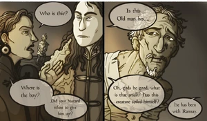 Theon gets introduced by Roose to the latter's sister-in-law, Lady Barbrey Dustin, upon their arrival at Barrow Hall.