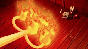 Mr. Krabs being protected by SpongeBob to not be incinerated by Neptune.