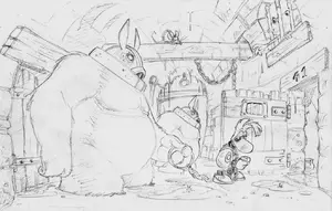 Concept artwork of Sergueï with another Timid Rabbid holding Rayman captive.