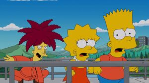 Sideshow Bob chases after Lisa and Bart.