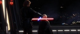 Skywalker crosses both his and Dooku's blades at the Count's throat.