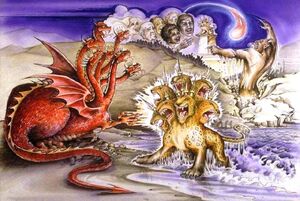 The scarlet dragon (the Devil), the beast of the sea (the Antichrist), and the beast of the earth (the False Prophet).