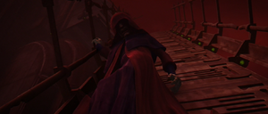 Darth Sidious hanging onto the railing of the bridge.