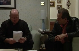 Phil Mitchell is visited by Dirty Den to discuss their armed robbery plan.