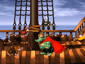 K. Rool running toward DK and Diddy in his boss fight.