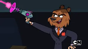 Beartop Manbelow fires a laser gun.