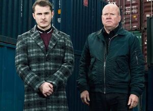 Phil Mitchell with his son Ben (played by Max Bowden) in 2019.