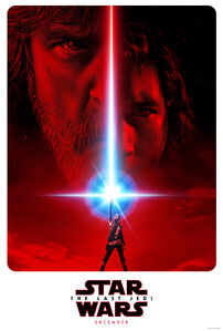 Rey, Kylo and Luke on a poster for The Last Jedi.