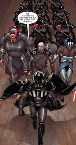 Vader leads the Inquisitors and Purge Troopers through Bel City.