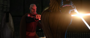 Skywalker duels the Count, who blocks a strike from him.