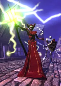 Zarok stealing souls from the village of Gallows Town with Daniel Fortesque behind him.