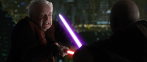 Sidious and Windu point their blades directly at each other.