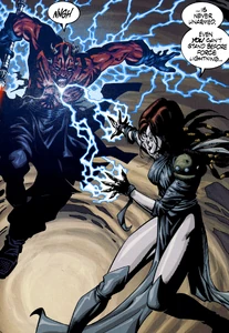 Mighella blasts Darth Maul with Force lightning.