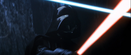 Vision Vader crosses lightsaber blades with Luke.