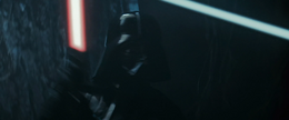 The apparition of Vader duels the young Jedi in the cave.