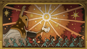 The mural shows Emperor Belos petrifying the covenless witches.