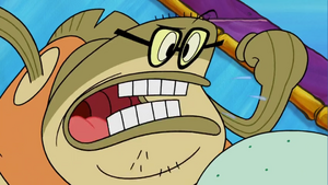 Angry Bubble Bass threatening to destroy Squidward's clarinet.