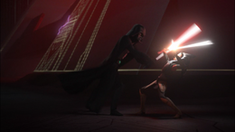 Vader quickly overwhelms Ahsoka managing to drive her back.