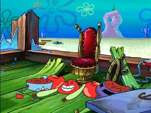 Mr. Krabs' arms pop off followed by his eyes. His head slides off his torso and onto the floor where his nose falls out as well.