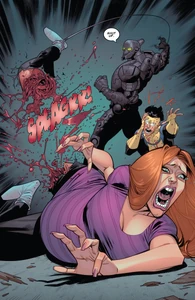 Robot ripping Eve's leg off.