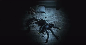 A headless Huggy Wuggy toy in a pool of blood next to a headless DogDay toy.