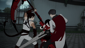 Tyrian battling Qrow and Ruby.