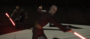 Dooku tries to slash at Ventress while Savage charges.