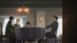 Eren talks with Armin and Mikasa