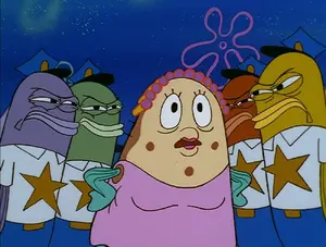 A bunch of officers about to arrest Mrs. Puff for saying that SpongeBob is her responsibility.