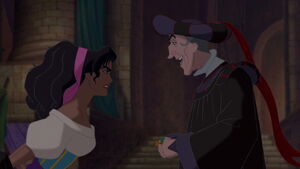 (Esmeralda: What are you talking about?) "Why, he led me right to you, my dear." (Esmeralda: You're a liar!)