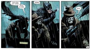 Batman and Rorschach breaking into Arkham Asylum.