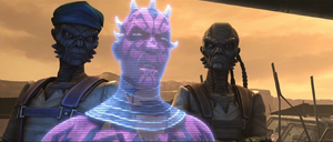 Maul speaks with Hondo Ohnaka through hologram.