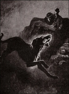 Sidney Paget's illustration of The Hound of the Baskervilles. The story was inspired by a legend of ghostly black dogs in Dartmoor.