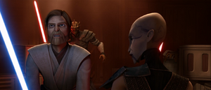 The duel continued until both the Jedi and Nightsister realized they were outmatched.