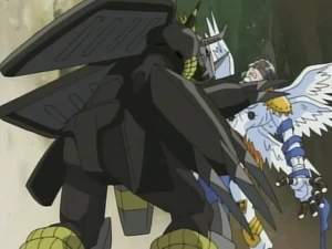 BlackWarGreymon seizes Angemon.