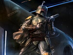 Illustration of Boba Fett and the Slave I.