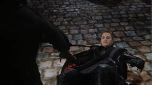 Charming briefly disarmed and defeated by Hook.