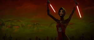 Ventress stands victorious over her fallen adversary and attempted to finish him off.