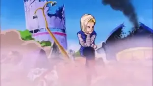 Future Android 18 sit on a ruined building.