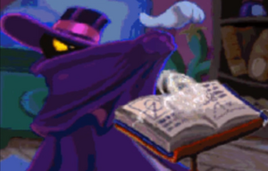 Mr. Dark stealing knowledge from the Book of Knowledge in Rayman Junior