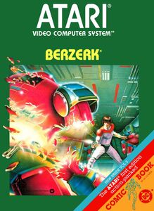 The Atari 2600 cover for Berzerk, featuring the Automazeons battling the Humanoid Warrior.