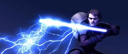 Anakin deflects Dooku's Force lightning.